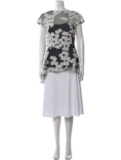 Pre-owned Lela Rose Floral Print Crew Neck Blouse In White