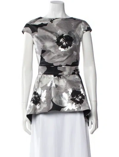 Pre-owned Lela Rose Floral Print Crew Neck Top In Gray