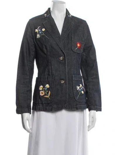 Pre-owned Lela Rose Floral Print Denim Jacket In Grey