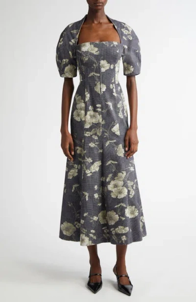 Lela Rose Floral Print Glen Plaid Bubble Sleeve Midi In Grey/ivory Multi
