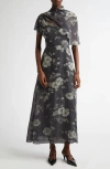 Lela Rose Floral Print Glen Plaid Chiffon Draped A-line Dress In Ivory Multi