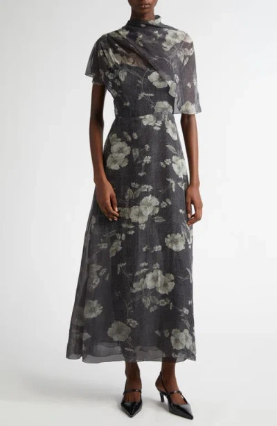 Lela Rose Floral Print Glen Plaid Chiffon Draped A-line Dress In Ivory Multi