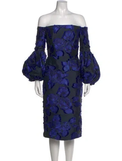 Pre-owned Lela Rose Floral Print Knee-length Dress In Blue