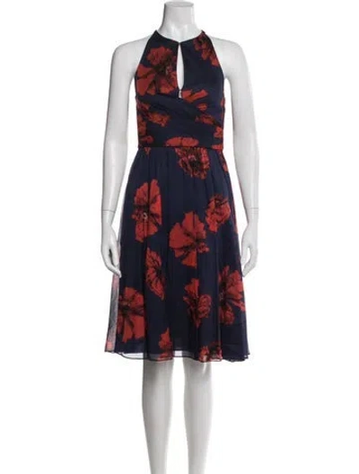 Pre-owned Lela Rose Floral Print Knee-length Dress In Blue