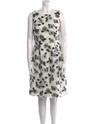 Pre-owned Lela Rose Floral Print Knee-length Dress In White