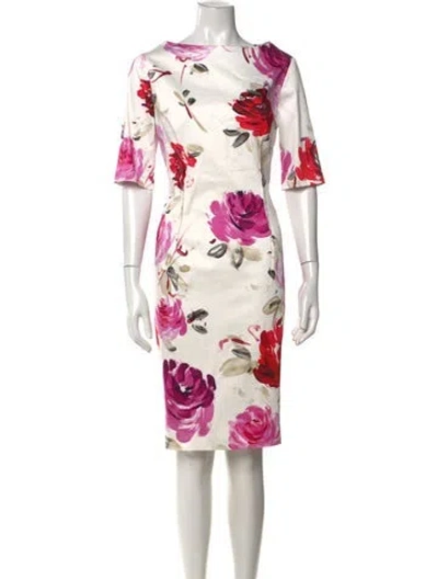 Pre-owned Lela Rose Floral Print Knee-length Dress In White/yellow