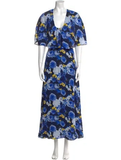 Pre-owned Lela Rose Floral Print Long Dress In Blue
