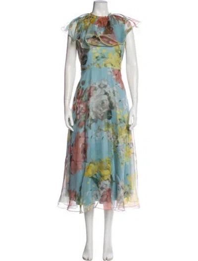 Pre-owned Lela Rose Floral Print Long Dress In Blue