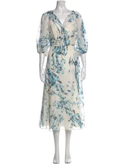 Pre-owned Lela Rose Floral Print Long Dress In Blue