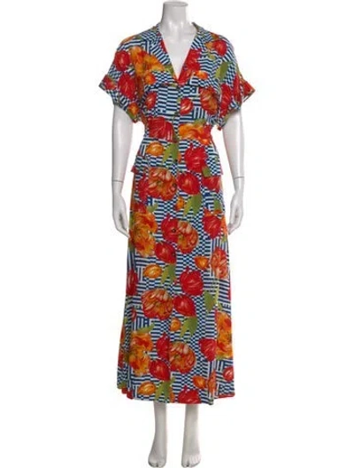 Pre-owned Lela Rose Floral Print Long Dress In Blue