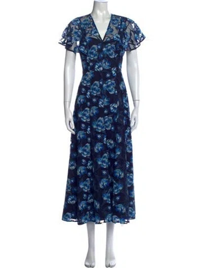 Pre-owned Lela Rose Floral Print Long Dress In Blue