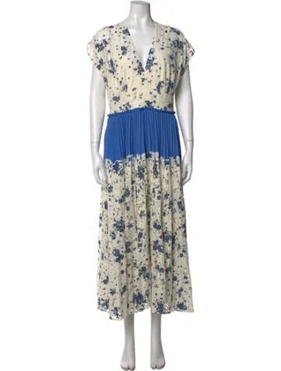 Pre-owned Lela Rose Floral Print Long Dress In Blue/white