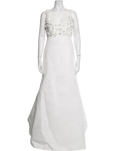 Pre-owned Lela Rose Floral Print Long Dress In White