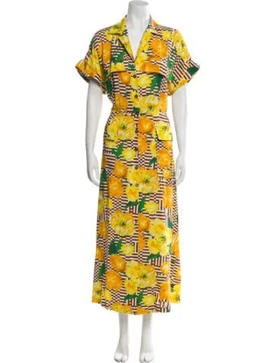 Pre-owned Lela Rose Floral Print Long Dress In Yellow