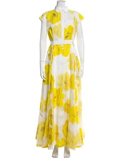 Pre-owned Lela Rose Floral Print Long Dress In Yellow