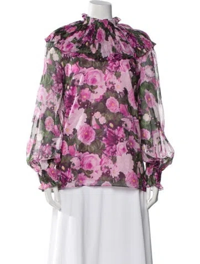 Pre-owned Lela Rose Floral Print Long Sleeve Blouse W/ Tags In Pink