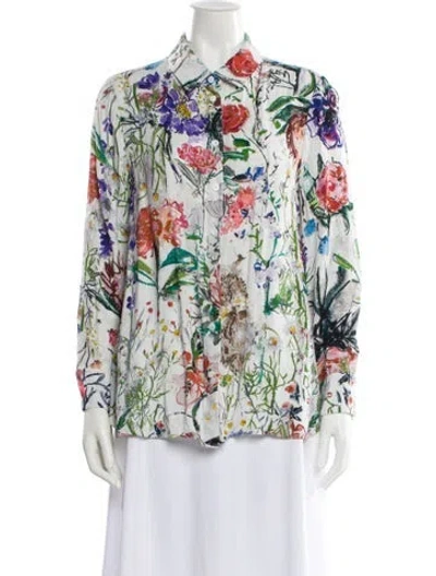 Pre-owned Lela Rose Floral Print Long Sleeve Blouse In White