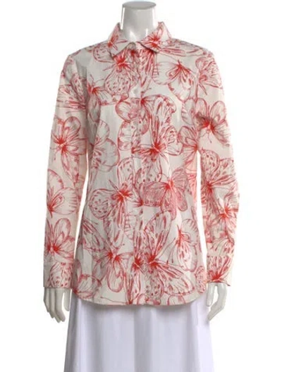 Pre-owned Lela Rose Floral Print Long Sleeve Blouse In White