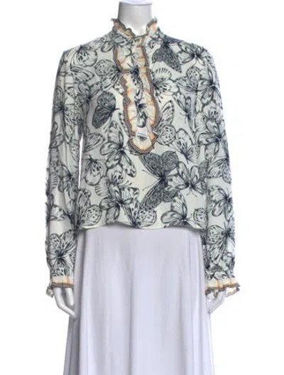 Pre-owned Lela Rose Floral Print Long Sleeve Blouse In White