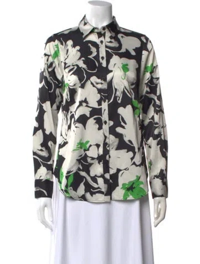 Pre-owned Lela Rose Floral Print Long Sleeve Blouse In White