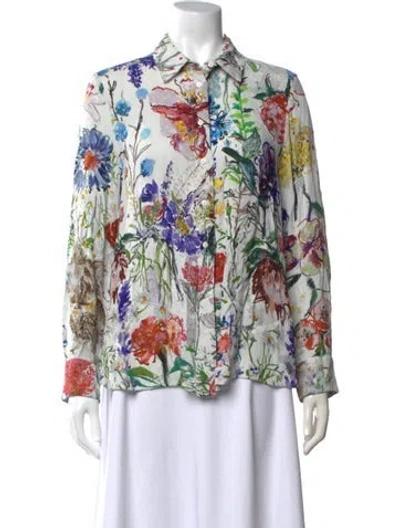 Pre-owned Lela Rose Floral Print Long Sleeve Blouse In White