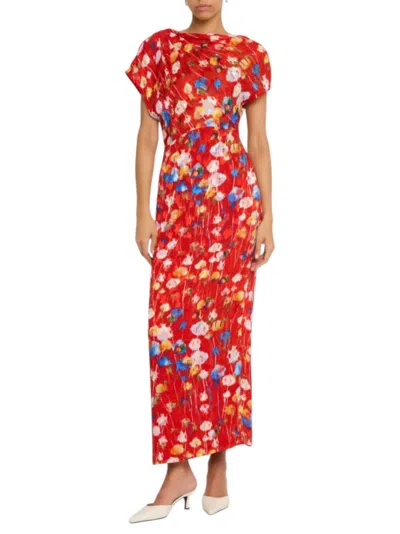 Lela Rose Floral Print Long Sleeve Jacquard Belted Dress In Poppy In Multi