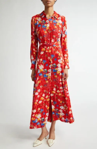 Lela Rose Floral Print Long Sleeve Jacquard Belted Shirtdress In Poppy