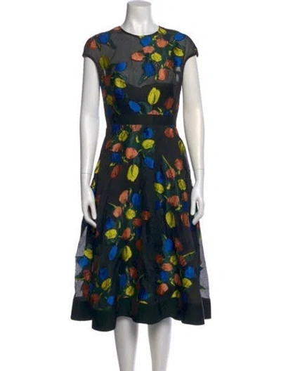 Pre-owned Lela Rose Floral Print Midi Length Dress In Black