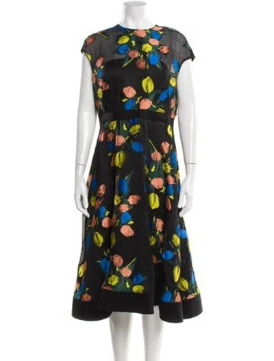 Pre-owned Lela Rose Floral Print Midi Length Dress In Black