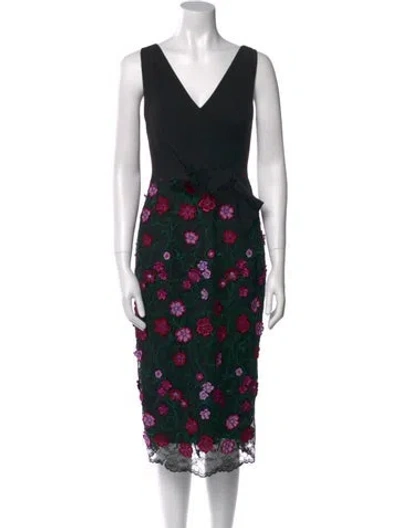 Pre-owned Lela Rose Floral Print Midi Length Dress In Black