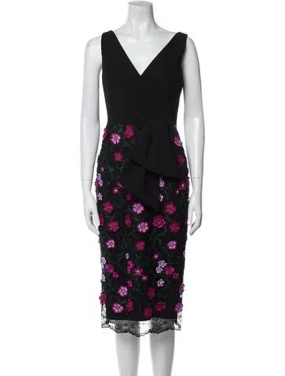 Pre-owned Lela Rose Floral Print Midi Length Dress In Black