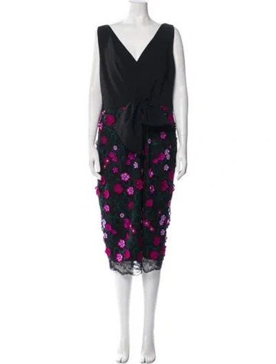 Pre-owned Lela Rose Floral Print Midi Length Dress In Black