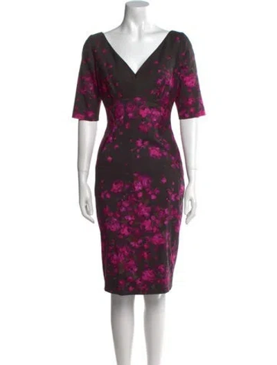 Pre-owned Lela Rose Floral Print Midi Length Dress In Black