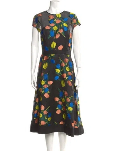 Pre-owned Lela Rose Floral Print Midi Length Dress In Black