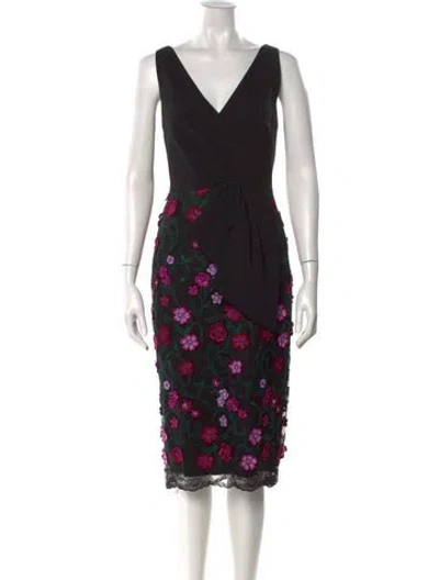 Pre-owned Lela Rose Floral Print Midi Length Dress In Black