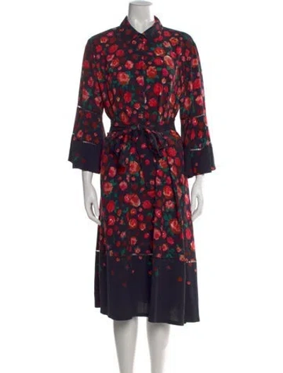 Pre-owned Lela Rose Floral Print Midi Length Dress In Black