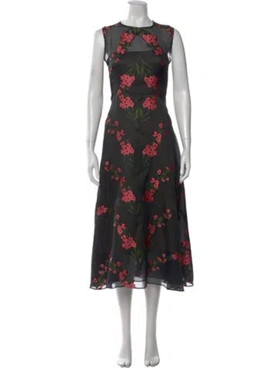 Pre-owned Lela Rose Floral Print Midi Length Dress In Black