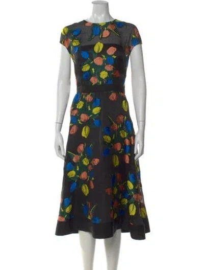 Pre-owned Lela Rose Floral Print Midi Length Dress In Black