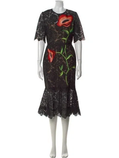 Pre-owned Lela Rose Floral Print Midi Length Dress In Black