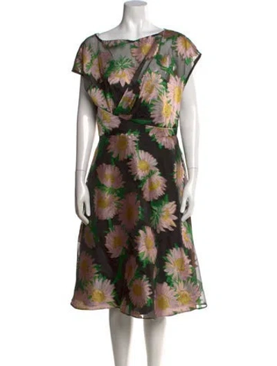 Pre-owned Lela Rose Floral Print Midi Length Dress In Black