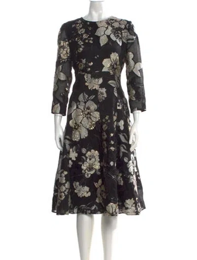 Pre-owned Lela Rose Floral Print Midi Length Dress In Black
