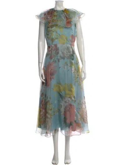 Pre-owned Lela Rose Floral Print Midi Length Dress In Blue