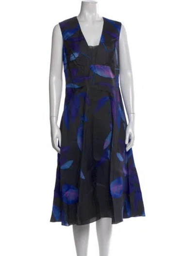 Pre-owned Lela Rose Floral Print Midi Length Dress In Blue