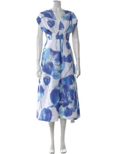 Pre-owned Lela Rose Floral Print Midi Length Dress In Blue