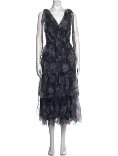 Pre-owned Lela Rose Floral Print Midi Length Dress In Blue