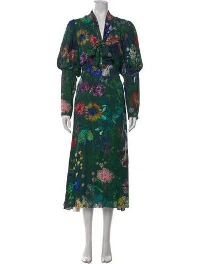 Pre-owned Lela Rose Floral Print Midi Length Dress In Green
