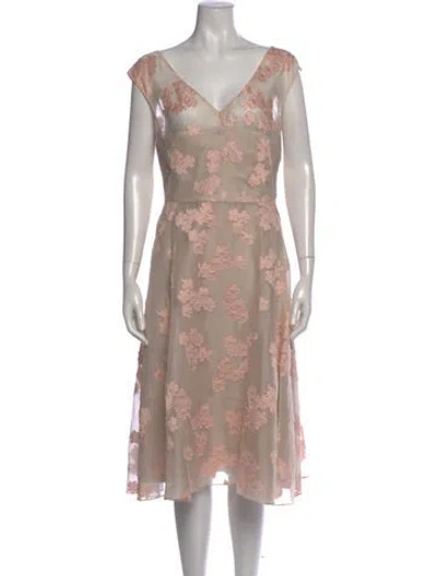 Pre-owned Lela Rose Floral Print Midi Length Dress In Neutral