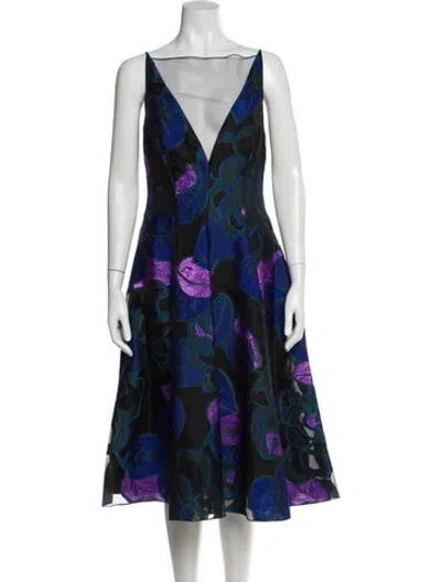 Pre-owned Lela Rose Floral Print Midi Length Dress In Purple