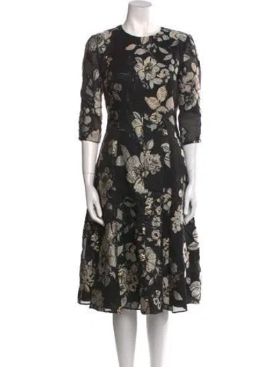Pre-owned Lela Rose Floral Print Midi Length Dress W/ Tags In Black