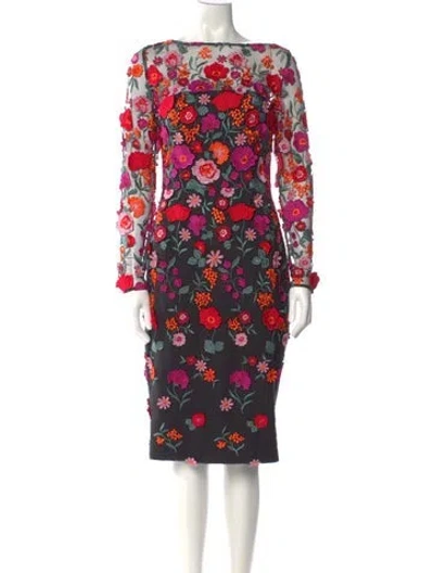 Pre-owned Lela Rose Floral Print Midi Length Dress W/ Tags In Multi